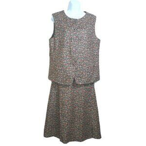 Cottagecore Linen Blend Calico Floral Midi Skirt & Vest Set Green